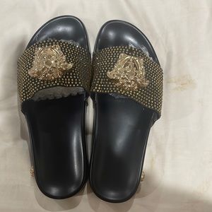 Versace Medusa Slides - size 7. Gold beaded some wear on side.